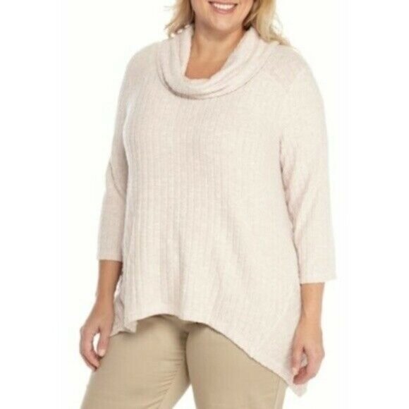 𝅺ruby Rd Pink Cowl Neck Soft Rib Knit Asymmetric 3/4 Sleeve Top Plus Size 1X NWT - Picture 1 of 4